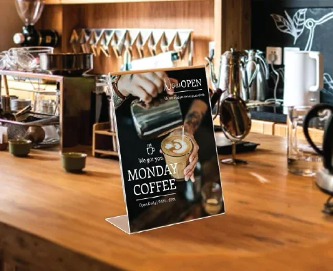 מעמד לתצוגת תפריט L אקרילי שקוף A4 עומד (24 באריזה)